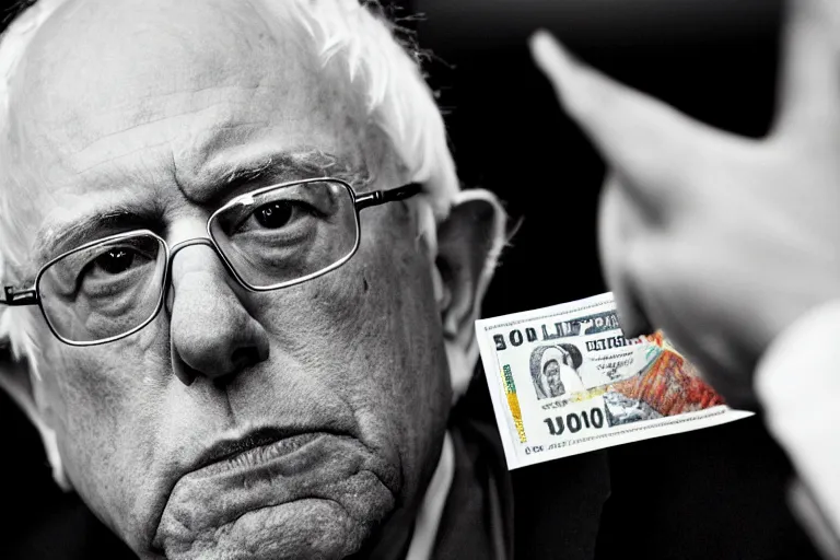 Image similar to closeup potrait of bernie sanders giving you a crisp hundred dollar bill in a washington street, screen light, sharp, detailed face, magazine, press, photo, Steve McCurry, David Lazar, Canon, Nikon, focus