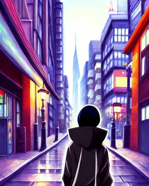 Image similar to black haired girl wearing hoodie, detailed city street background, anime illustration shinkai makoto oil painting