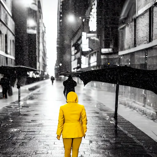 Image similar to A dramatic portrait of a couple wearing yellow rain coat , walking in a black and white street . Cinematic lighting