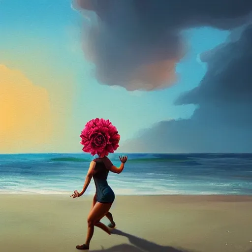 Image similar to portrait, giant rose flower head, woman running at the beach, surreal photography, sunrise, blue sky, dramatic light, impressionist painting, digital painting, artstation, simon stalenhag