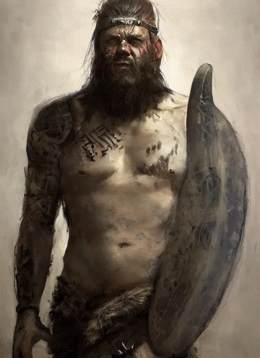 Prompt: portrait painting of viking berserker with a dinosaur tattoos, by jeremy mann, only one head single portrait