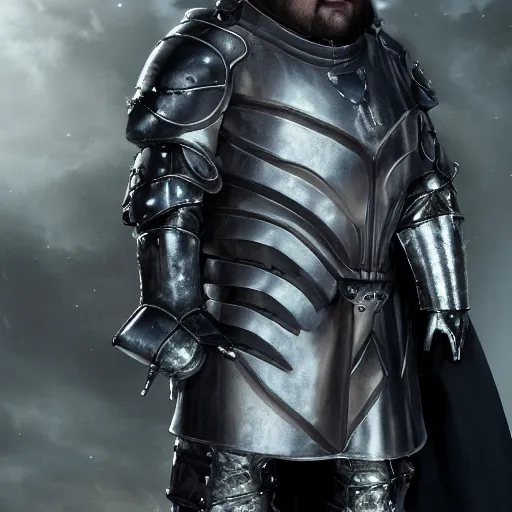 Prompt: gabe newell in a full futuristic medieval armor, cinematic still, 8 k