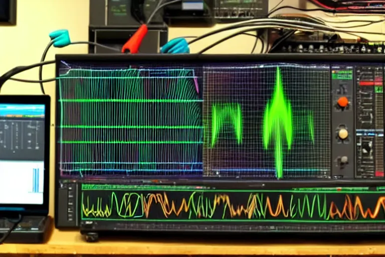 Prompt: an oscilloscope shaking a sound wave, wiggling a weasel, a stoat sinusoid spectacle : the wiggle and the wave - the wiggle is the wave!