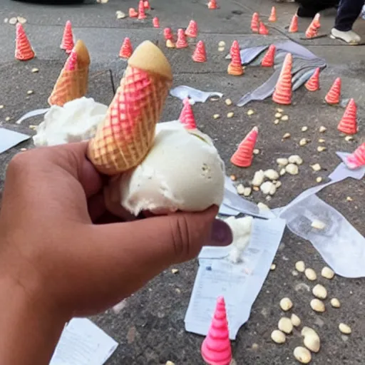 Prompt: a photo of the victim, riddled with deadly ice cream cones.