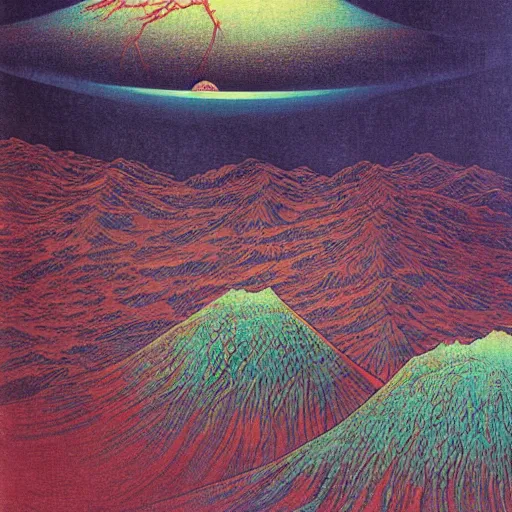 Image similar to alien landscape from another dimension, katsushika hokusai, beksinski, high details, colorful