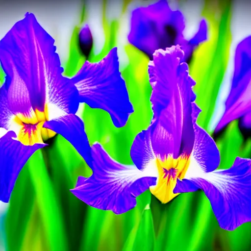 Prompt: Unique iris, luminous iris, smart, close-up, romantic, fairyland, exquisite, flowers open at night, fireflies, dreamlike picture, starlight, delicate and charming rose, bright picture tone, purple main color