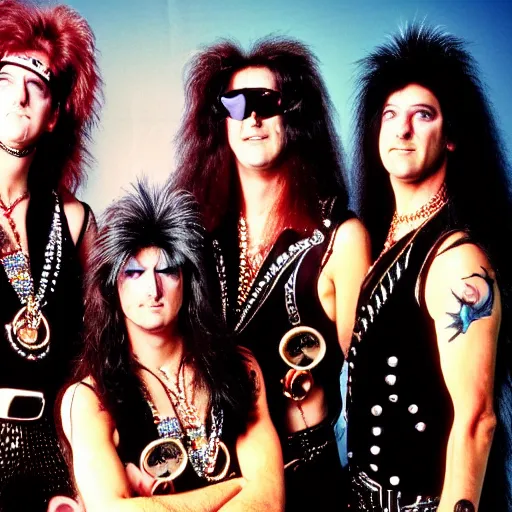 Image similar to a 1 9 8 0 s hair metal band with exaggerated stage makeup, promo photo, fine detailed, photorealistic, portrait