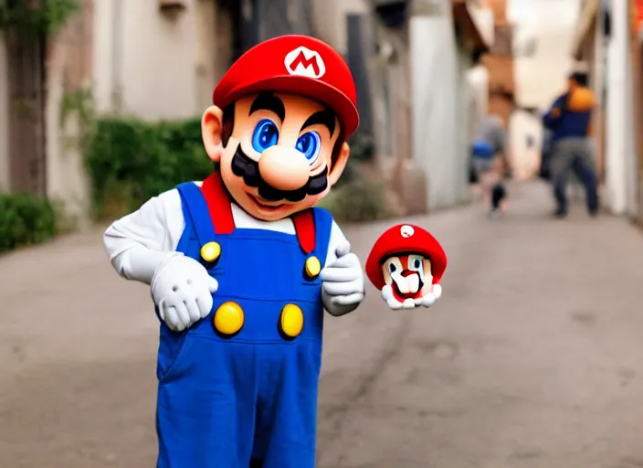 Prompt: super mario as a drug dealer selling a magical mushroom 🍄 in the alleys of los angeles, super mario in real life, red hat, blue overalls, canon eos r 3, f / 1. 4, iso 2 0 0, 1 / 1 6 0 s, 8 k, raw, unedited, symmetrical balance, wide angle, 🍄