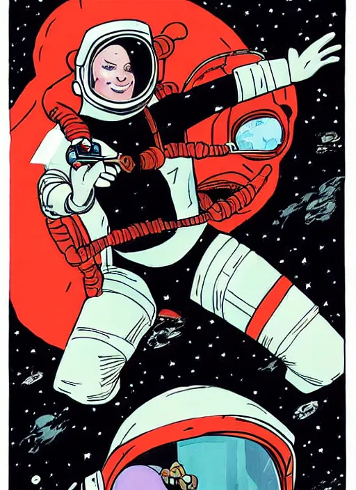 Prompt: a woman with red hair floating in space. she is an astronaut, she is wearing a space suit. well composed, clean elegant painting, beautiful detailed face. comic book art with heavy black outlines by mike mignola