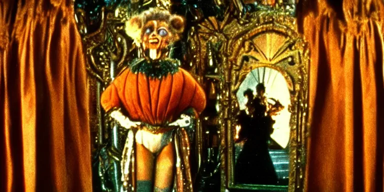 Image similar to cinematography of the 1985 film Return To Oz Character Jack pumpkin head standing in the mirrored palace of princess Mombi in the style of the 1985 film Return To Oz Shot on Film by Return To Oz Cinematographer David Watkin on a cooke panchro 18mm lens.