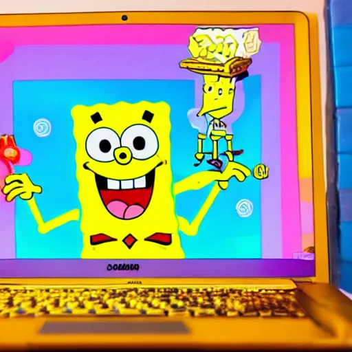 Prompt: spongebob gaming on computer, dslr photo, high detail, no noise