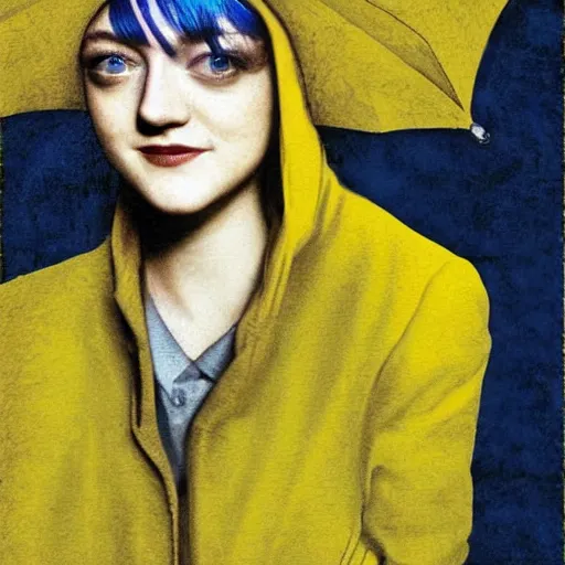 Image similar to Dakota Fanning with short blue hair wearing a yellow raincoat by Dave McKean