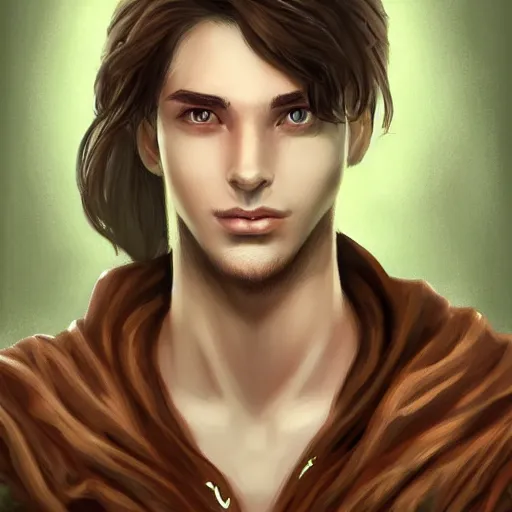 Image similar to realistic portrait, 25 years old man :: athletic fantasy mage :: green eyes, long brown hair :: wearing a brown robe :: high detail, digital art, RPG, concept art, illustration