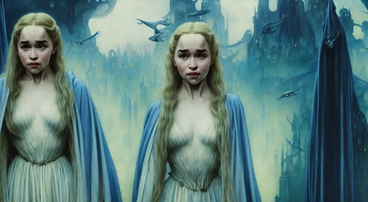 Prompt: realistic detailed portrait movie shot of a young woman who is a mix of emilia clarke and dove cameron wearing dark robes, sci fi city landscape background by denis villeneuve, amano, yves tanguy, alphonse mucha, ernst haeckel, max ernst, roger dean, masterpiece, rich moody colours, blue eyes, occult