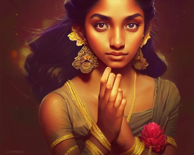 Image similar to beautiful sri lankan girl, photography of kurzgesagt, deep focus, d & d, fantasy, intricate, elegant, highly detailed, digital painting, artstation, concept art, matte, sharp focus, illustration, hearthstone, art by artgerm and greg rutkowski and alphonse mucha