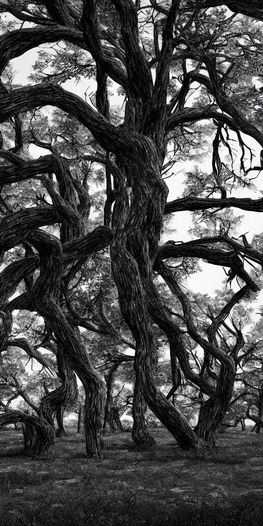 Image similar to dead old trees intricated together on a dry land,Highly Detailed, Cinematic Lighting, rim light, hyper real, black and white, photo-realistic Unreal Engine, 8K