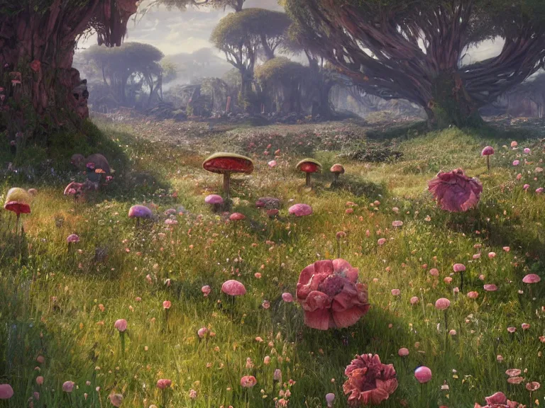 Image similar to the wasteland filled with giant flowers and mushrooms, au naturel, hyper detailed, digital art, trending in artstation, cinematic lighting, studio quality, smooth render, unreal engine 5 rendered, octane rendered, art style by klimt and nixeu and ian sprigger and wlop and krenz cushart