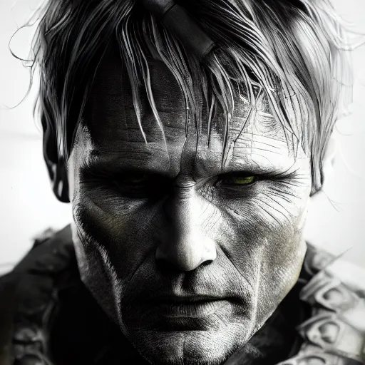 Image similar to viggo mortensen portrait, dystopia core, apocalyptic, armor, warrior, dramatic, sharp focus, fiction, neon, fantasy, hyper detailed, digital art, trending in artstation, cinematic lighting, studio quality, smooth render, unreal engine 5 rendered, octane rendered, art style and nixeu and wlop and krenz cushart