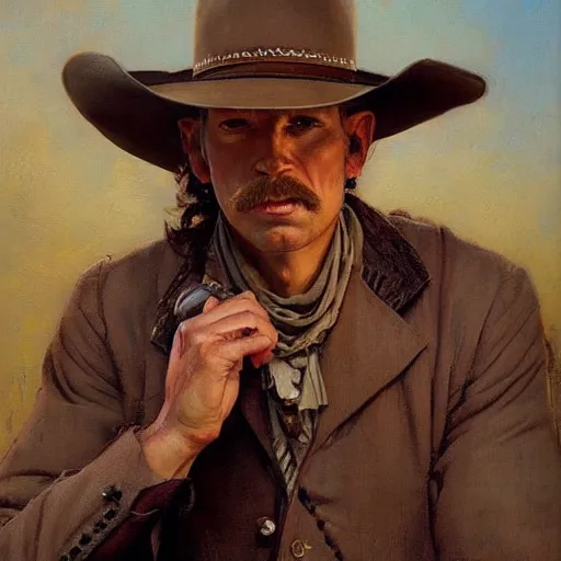 Image similar to a man, cowboy hat, portrait, wild west, fantasy, highly detailed, oil painting, artstation, concept art, illustration, art by J. C. Leyendecker and norman rockwell