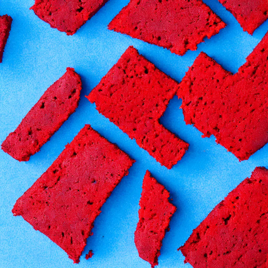 Image similar to top-down view of red cake on top of a blue surface, 8k, high detail, photorealistic, proper shading