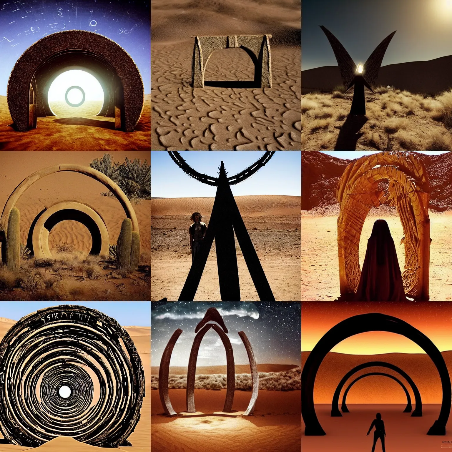 Prompt: stargate standing in desert, is portal to other universe, demonic, dendritic, satanistic, spirit, ghosts