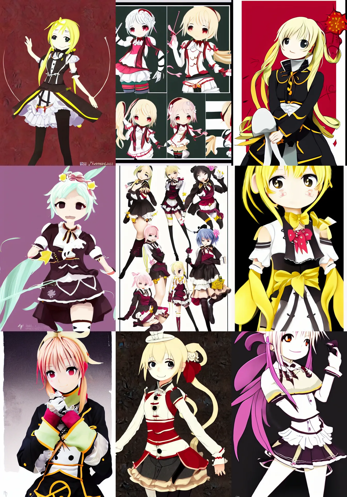 Prompt: character illustrations of mami tomoe. from madoka magica