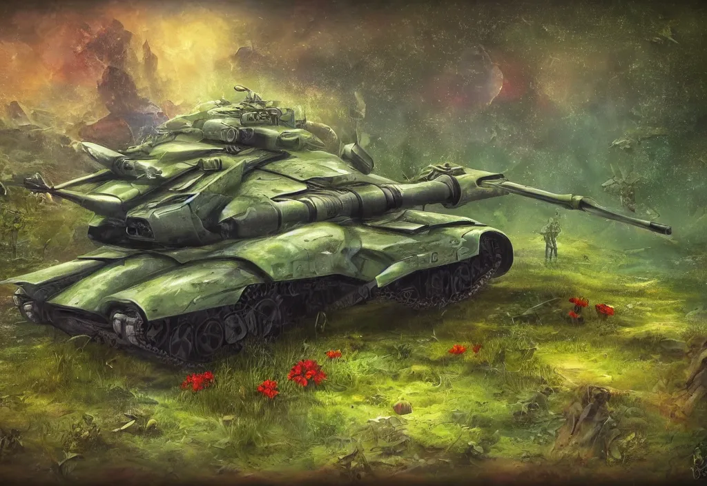 Prompt: small steel colored futuristic military tank, fertile green forest environment, flowers and fantastic animals, fantasy art, scifi art, airbrush