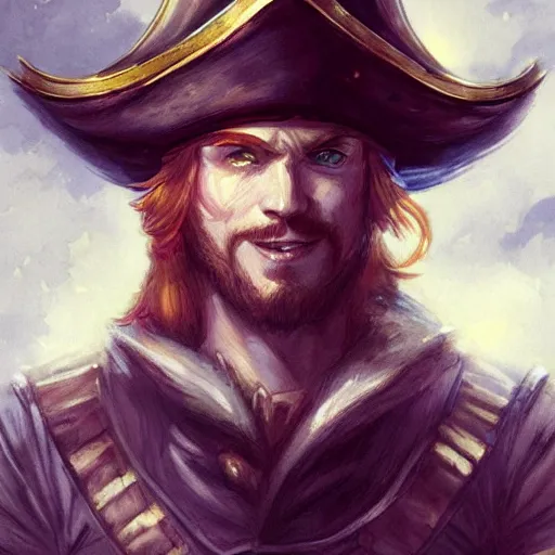 Image similar to dashing charming ginger grinning charismatic elf male rogue, wearing pirate captain's tricorne hat, naval background, amazing, portrait, stunning, trending on art station, artgerm, Greg rutkowski