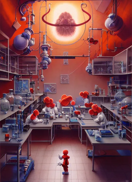 Image similar to scientists in laboratory, single giant mickey mouse face by donato giancola and greg rutkowski and wayne barlow and zdzisław beksinski, netflix logo, military base, colored gels, studio photography, 3 5 mm film look