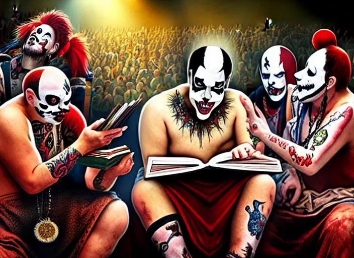 Prompt: Juggalos reading the bible, photo realistic, 8k, detailed,