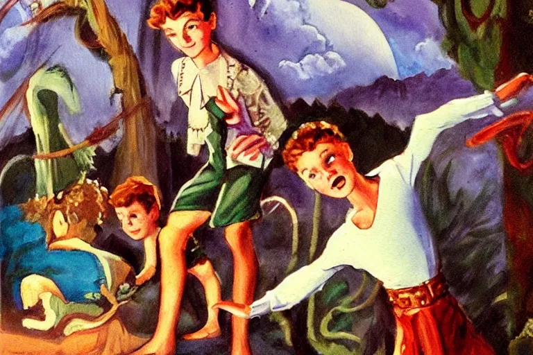 Prompt: a rodney greenblat painting of a scene from in the peter pan ( 1 9 5 3 )