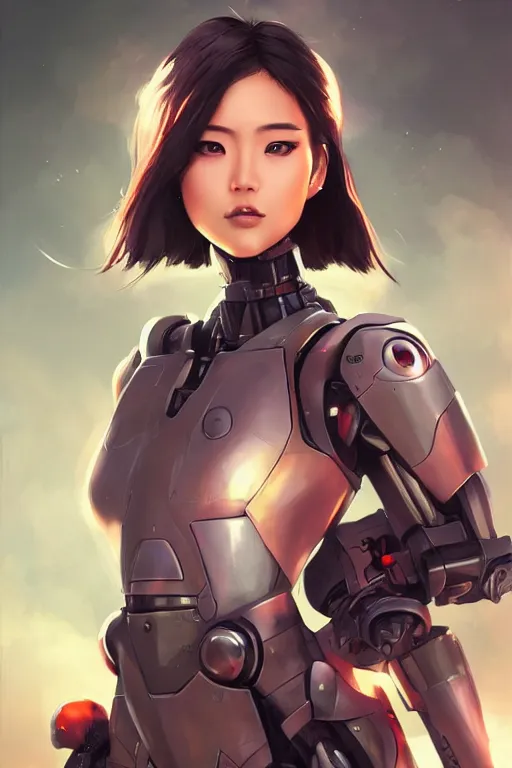 Image similar to a young attractive Asian woman piloting a mecha, in the style of Artgerm and Tom Bagshaw