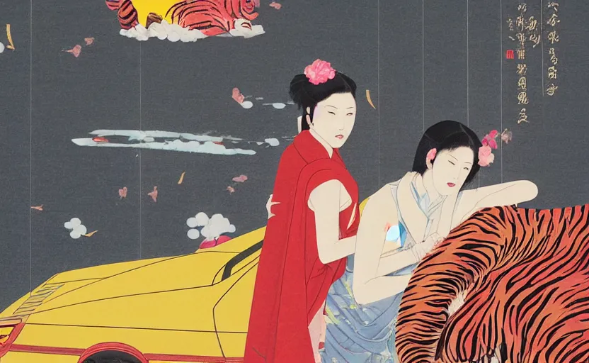 Image similar to a red delorean and a yellow tiger, painting by hsiao - ron cheng & utagawa kunisada, magazine collage style,