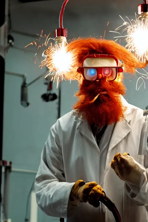 Image similar to an awkwardly tall scientist with a tangled beard and unruly red hair atop his balding head wearing a headlamp a labcoat and welding goggles and holding a beaker, high resolution film still, movie by Ivan Reitman