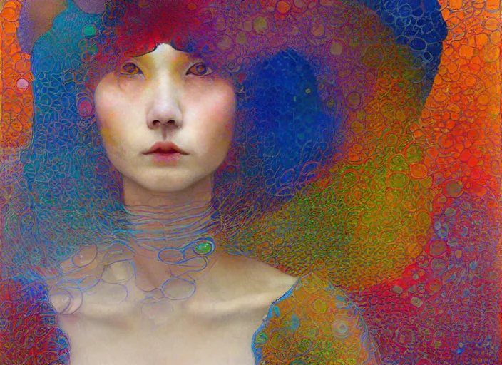 Image similar to portrait of woman outside office building, painterly, yoshitaka amano, miles johnston, moebius, odilon redon, miles johnston, klimt, tendrils, in the style of yago hortal, louise zhang, james jean, victor charreton, james jean, two figures