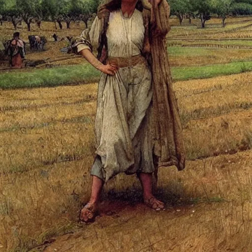 Image similar to by walter langley calm. a beautiful body art depicting a farm scene. the body art shows a view of an orchard with trees in bloom.