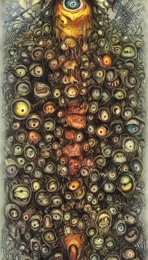 Image similar to a storm vortex made of many demonic eyes and teeth, by brian froud