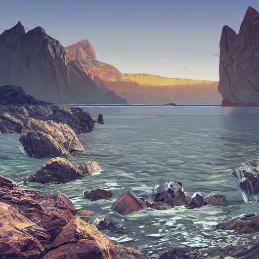 Image similar to super detailed color lowpoly art, northern sunset with rocks on front, monochrome photorealistic bay in the middle of perspective and mountains at background, big graphic seiner ship, unreal engine, high contrast color palette, 3 d render, lowpoly, colorful, digital art, perspective, full volume composition, robb cobb, syd mead