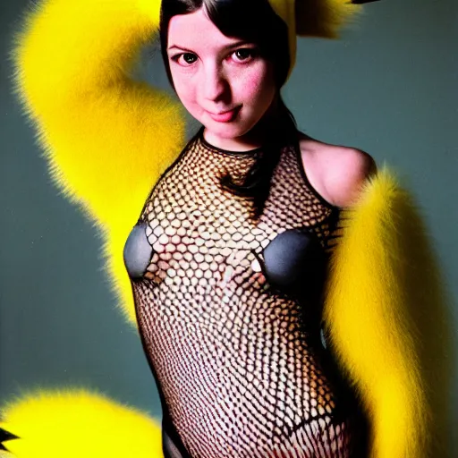 Prompt: color portrait of an attractive girl wearing a mesh costume of pikachu and fishnet stockings, by David Hamilton, photography