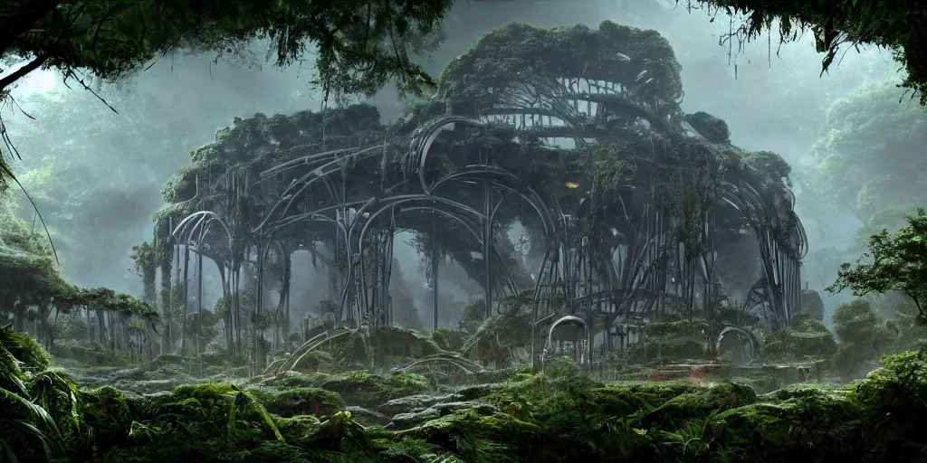 Image similar to a giant chrome metal arch structure is surrounded by jungles and stone ruins, retro - futuristic, science - fantasy, ancient, rusted, fungal, salt, lgbt, queer, rpg, epic, dungeons & dragons, sacred, sharp focus, award - winning, extremely detailed, 4 k, 8 k