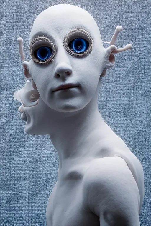 Prompt: full head and shoulders ballerina, monster with 3 d smooth, long blue hair, delicate facial features, white eyes, white lashes, detailed white, lots of 3 d cyborg elements, prosthetic, anatomical, all white features on a white background, by daniel arsham and james jean