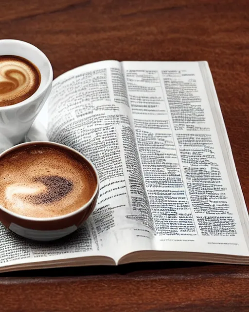 Image similar to 'a full view of a table with a magazine opened to a page with a picture of a coffee cup' clay sculpture, magazine, zoomed out, zoomed out, zoomed out