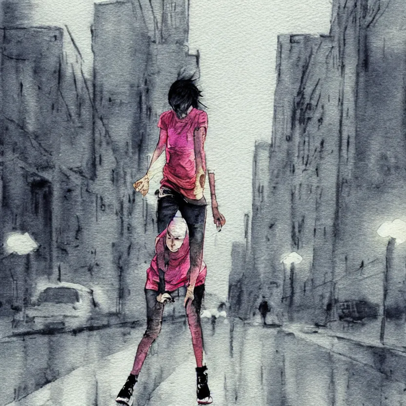 Prompt: punk girl skateboarding in the city, simple watercolor, rough paper texture, backlit cyberpunk buildings, wet roads at night reflecting the lights from buildings, dust, fog, cloudy night sky, pencil marks, 4 k, fisheye