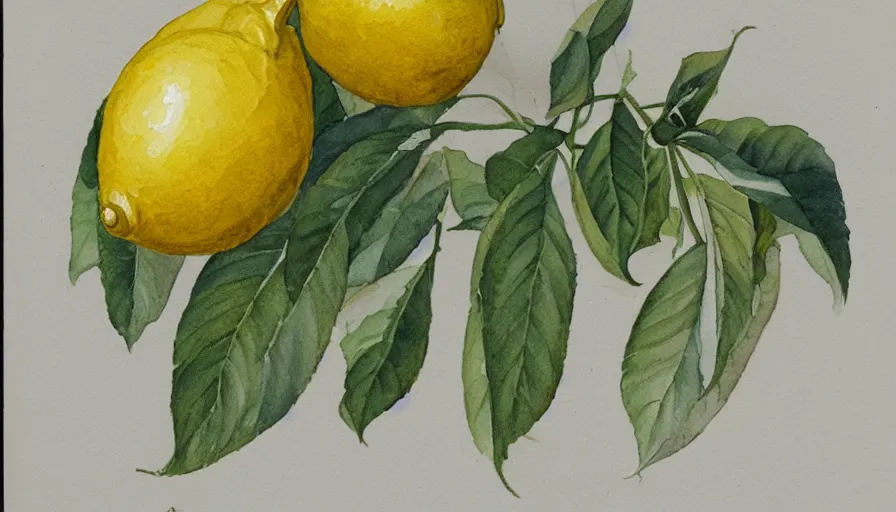 Image similar to encyclopedia drawing of lemon, watercolor, manuscript