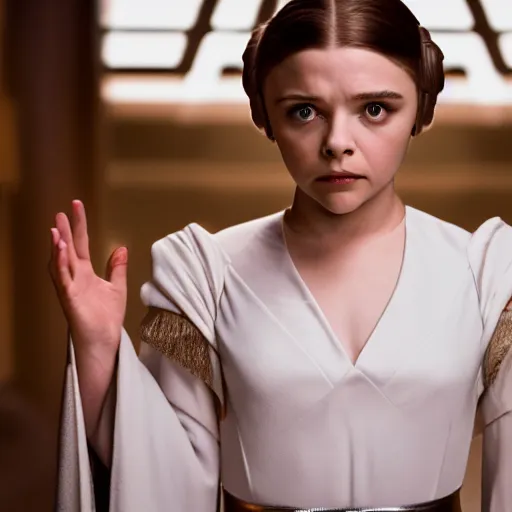 Image similar to Adult Chloe Moretz as Princess Leia, XF IQ4, 150MP, 50mm, F1.4, ISO 200, 1/160s, natural light