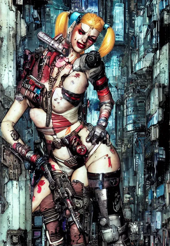 Image similar to a dream portrait of cyberpunk Harley Quinn in post apocalyptic Gotham art by Paul Dini, Travis Charest, Simon Bisley