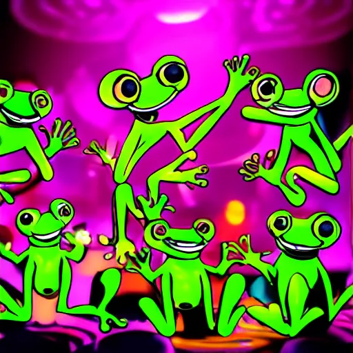 Image similar to futuristic frogs having a rave party in a club