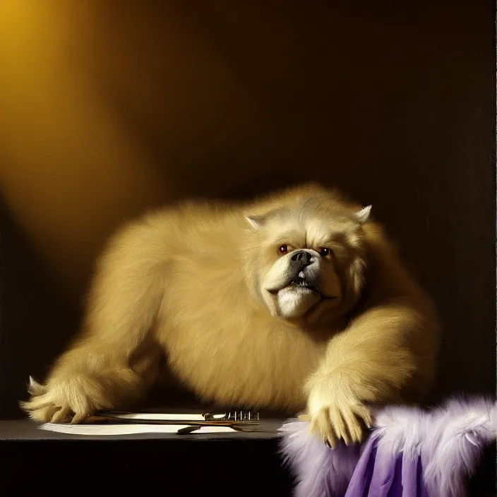 Image similar to still life painting of a beautiful cute purple hairy monster by pieter claesz, oil on canvas, strong lighting, highly detailed, hyper realism, golden hour, god rays, hd, 4 k