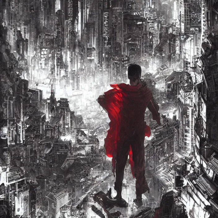 Image similar to tetsuo observing the ruins of neo - tokyo, red cape, akira | anime, matte painting, dystopian megacity neo - tokyo akira, shaded perfect, fine details. realistic shaded lighting anime manga artwork by katsuhiro otomo, akira, artgerm, jeremy lipkin and michael garmash and rob rey