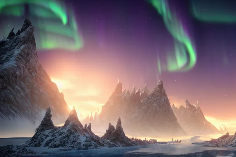 Prompt: a very detailed concept art of game of thrones gates to aurora borealis mountains, trending on artstation, digital art, 4 k, hyper realistic, octane render, sharp focus